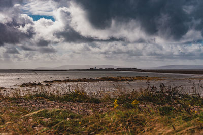 Scenic view of sea against storm clouds