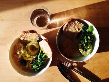 High angle view of meal served on table