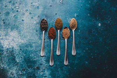 Directly above shot of spices on spoons at blue table