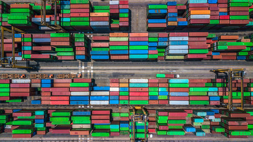 High angle view of container ship at commercial dock