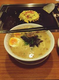 High angle view of meal served on table