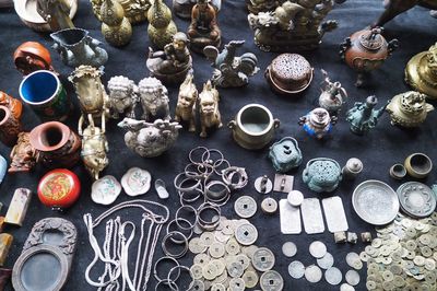 High angle view of objects on table at shop for sale