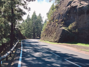 Road amidst trees in city against sky