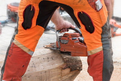 Man cutting tree trunk with chainsaw 