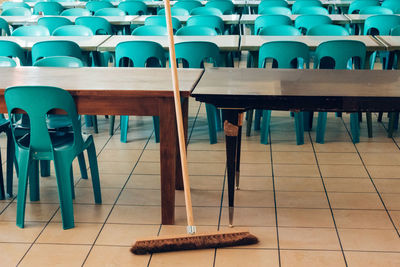 Empty chairs and tables in restaurant