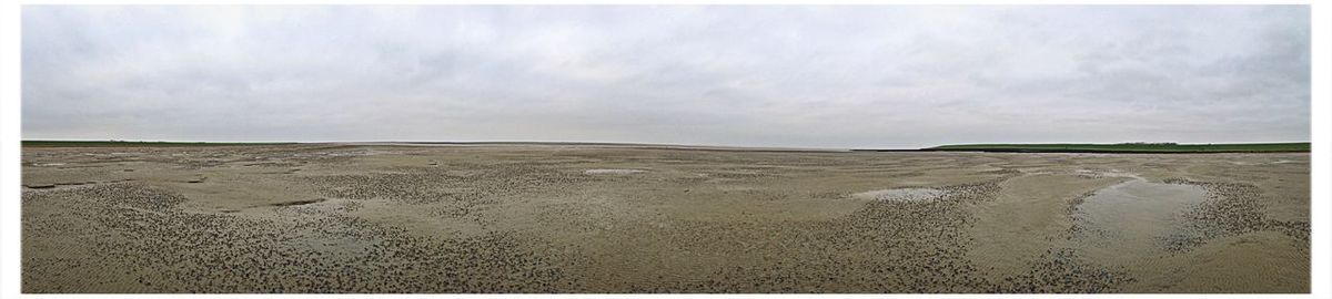 Scenic view of beach against cloudy sky