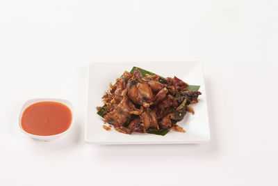 High angle view of food in plate on table