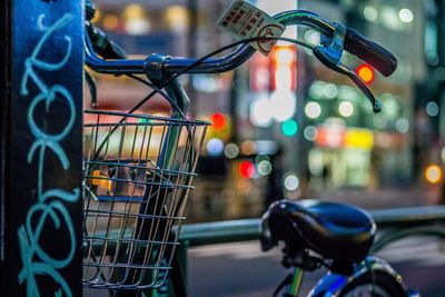 Close-up of bicycle at night