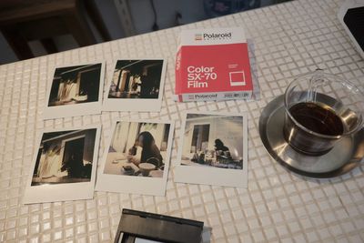 High angle view of coffee cups on table