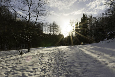 Snow covered landscape against sky