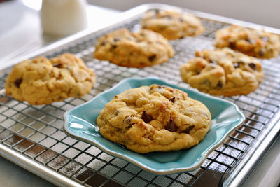 High angle view of cookies in plate on table