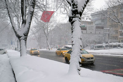 Snow covered cars on city street during winter