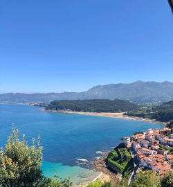 Scenic view of sea against clear blue sky