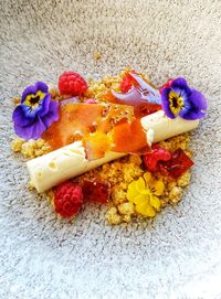 High angle view of flowers in plate