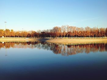 Scenic view of lake against clear blue sky