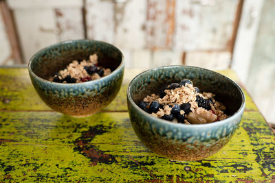 Close-up of breakfast served on table
