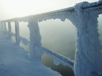 Close-up of snow on mountain against sky