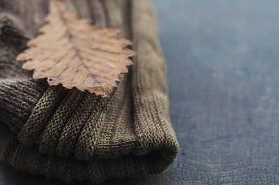 Close-up of dry leaves on table