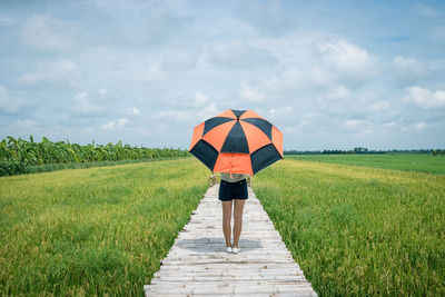 Rear view of woman with umbrella standing on footbridge amidst field against sky