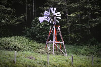 Wind turbines on field