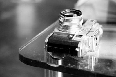 High angle view of camera on table