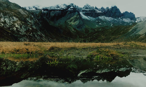 Scenic view of lake and snowcapped mountains against sky