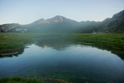 Scenic view of lake and mountains against sky