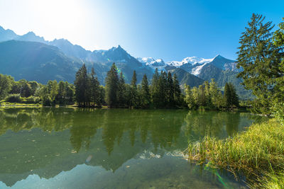 Scenic view of lake and mountains against sky