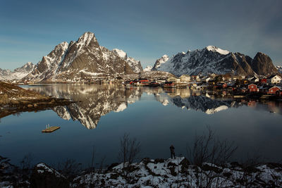 Scenic view of lake and snowcapped mountains against sky