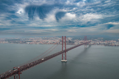 High angle view of bridge over sea against cloudy sky