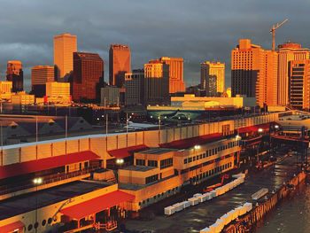 High angle view of buildings against sky in city