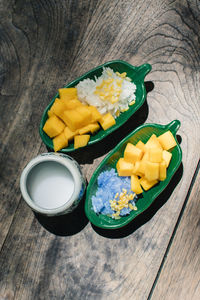 High angle view of fruits in bowl on table