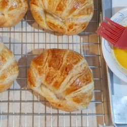 High angle view of bread in glass container on table