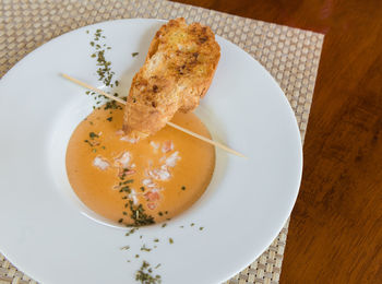 High angle view of bread in plate on table