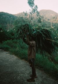 Man with heap of grass walking on road