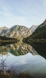 Scenic view of lake and mountains against sky