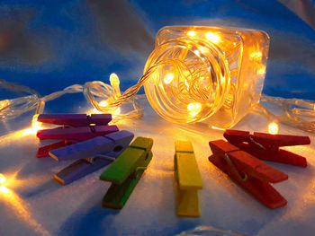 Close-up of illuminated candles on table