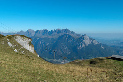 Scenic view of mountains against clear blue sky