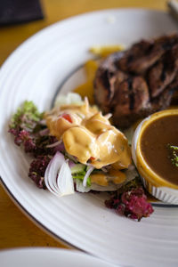 Close-up of meal served in plate on table