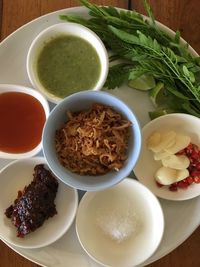High angle view of breakfast served on table