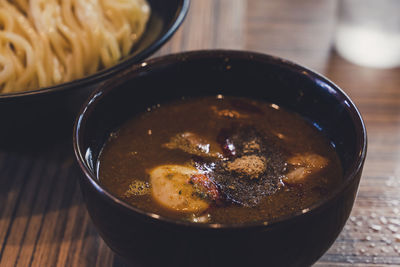 High angle view of soup in bowl on table