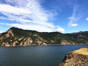 Scenic view of sea and mountains against sky