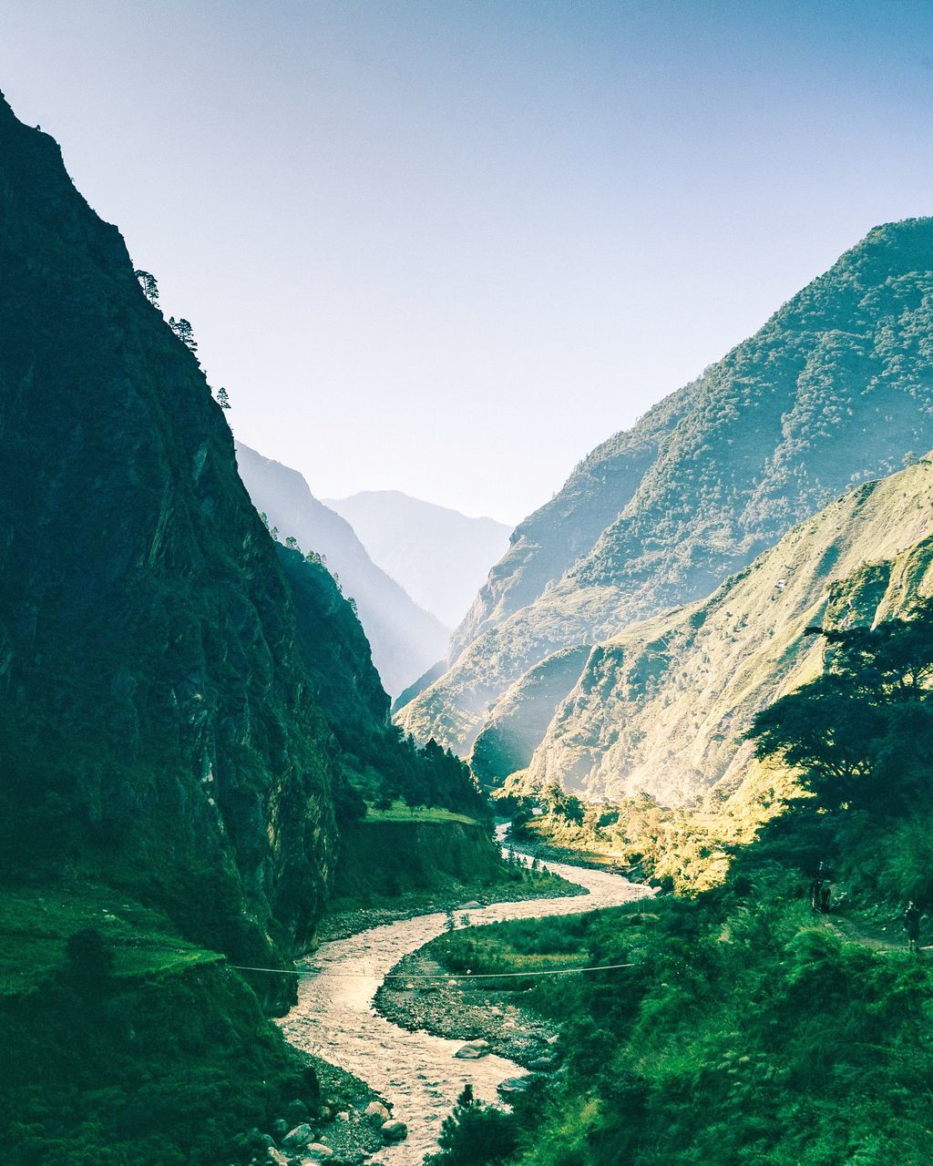 mountain, scenics - nature, beauty in nature, sky, tranquility, tranquil scene, mountain range, nature, environment, water, landscape, day, non-urban scene, no people, green color, clear sky, land, plant, copy space, outdoors, flowing water