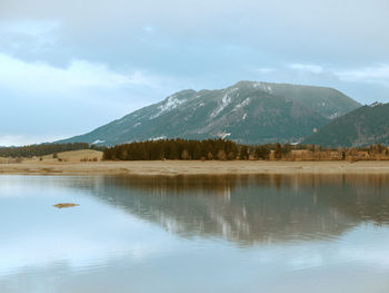 Scenic view of lake and mountains against sky