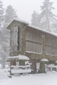 Snow covered house by building against sky during winter