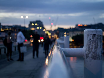 Close-up of illuminated city during winter