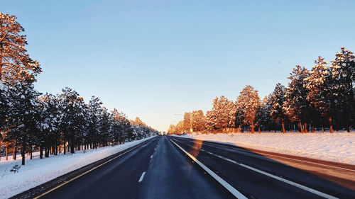 Road amidst trees against sky during winter