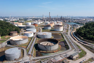Aerial view oil and gas chemical tank with oil refinery plant business and industry 