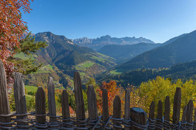 Autumnal view of the tires valley with catinaccio peaks profile in the background, italy