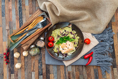 High angle view of food served in plate